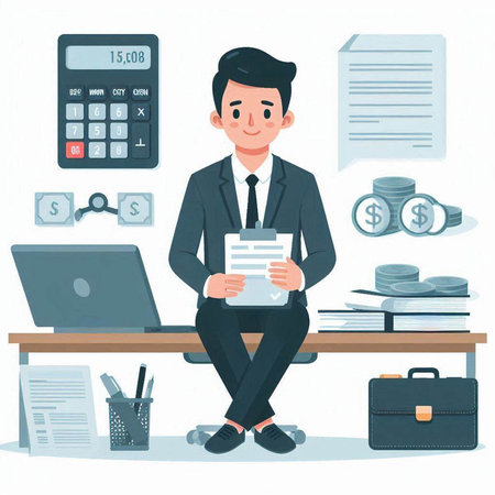 Businessman sitting on the desk and holding a clipboard. Vector illustration.のイラスト素材