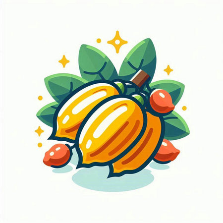 Cocoa fruit icon. Vector illustration of a cartoon cacao fruit with leaves.のイラスト素材