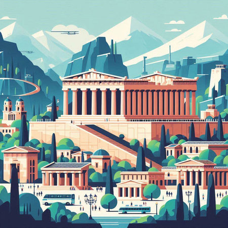 Athens, Greece. Vector illustration in retro style. Panoramic view of the ancient city.のイラスト素材