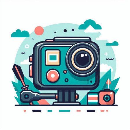 Vector illustration of retro camera on white background. Flat style design.のイラスト素材