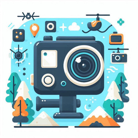 Vector illustration of camera on the background of mountains. Flat style.のイラスト素材