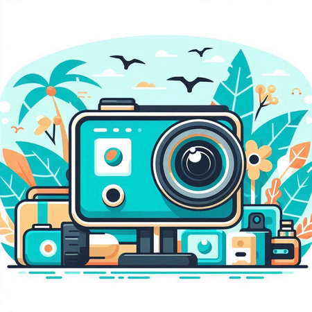 Flat design vector illustration concept of travel and vacation with camera.のイラスト素材