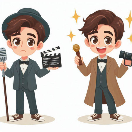 Vector illustration of a boy and a boy with a microphone and a clapperboardのイラスト素材