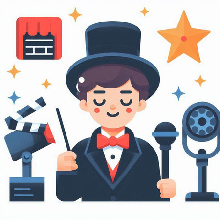 Cartoon vector illustration of a magician holding a magic wand and a clapperboardのイラスト素材