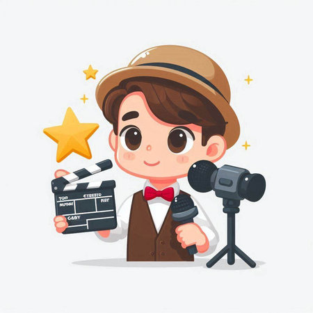 Cute boy with movie clapper and camera. Vector illustration.のイラスト素材