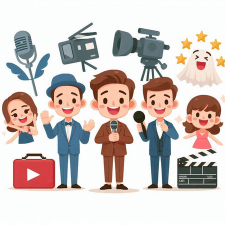 Illustration of a Group of People Holding a Camera and Recording a Movieのイラスト素材