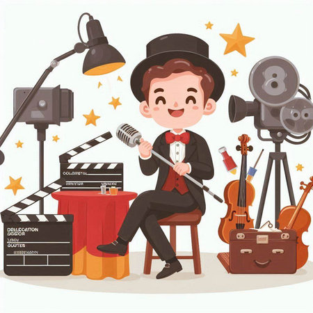 Cute cartoon boy singing in front of the camera. Vector illustration.のイラスト素材
