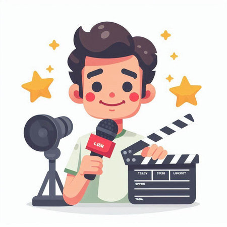 Cinema host holding a microphone and clapperboard. Vector illustration.のイラスト素材