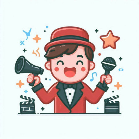 Cartoon man in a red suit holding a microphone. Vector illustrationのイラスト素材