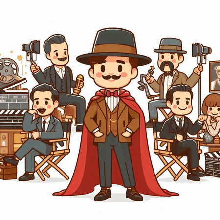Cartoon illustration of a movie director with his staff in the backgroundのイラスト素材