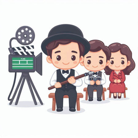 Cinematographer with movie camera and actors. Vector illustration.のイラスト素材