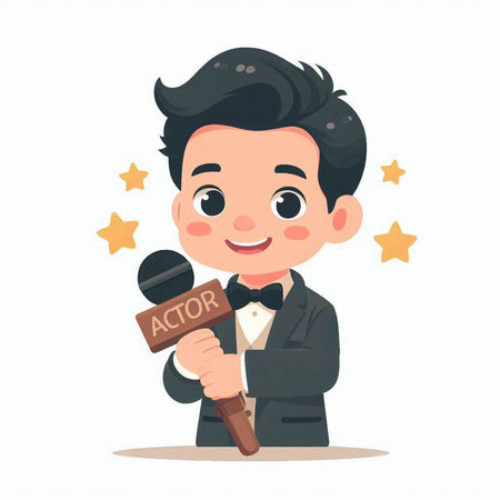 Cute little boy holding a microphone. Vector illustration in cartoon style.のイラスト素材