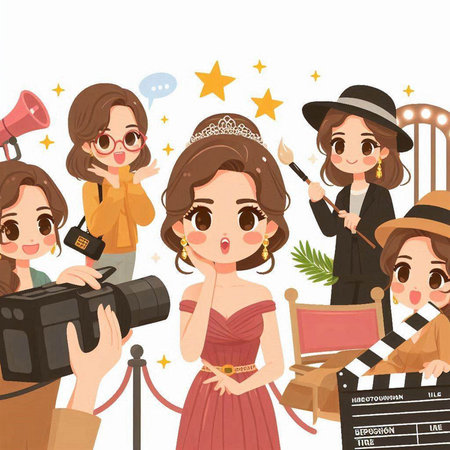 Illustration of a beautiful girl in a hat, with a movie clapperboard, a megaphone and a movie cameraのイラスト素材