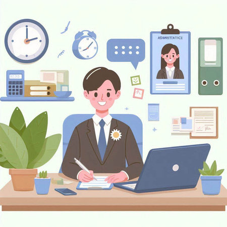 Businessman working in office. Vector illustration of a man working in office.のイラスト素材
