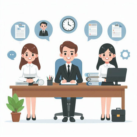 Businessman and businesswoman sitting at desk in office. Vector illustration.のイラスト素材