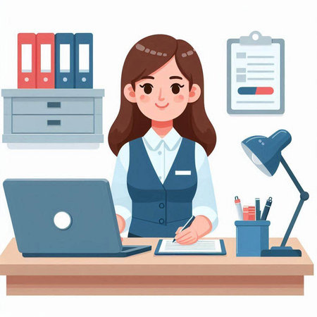 Business woman working at her desk. Vector illustration in cartoon style.のイラスト素材