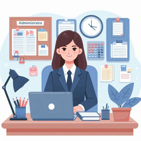 Businesswoman working at her desk in the office. Vector illustration.のイラスト素材