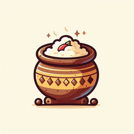 Illustration of bowl of rice with chilli in cartoon style.のイラスト素材