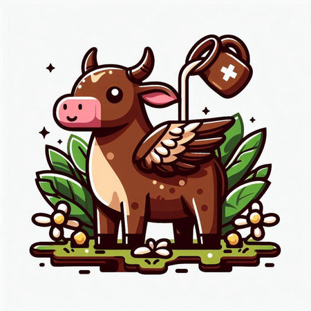 Illustration of a cute cartoon cow with a flower in its hairのイラスト素材