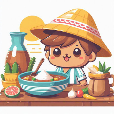 Illustration of a Cute Little Kid Boy in Traditional Sombrero Eating Rice Soupのイラスト素材