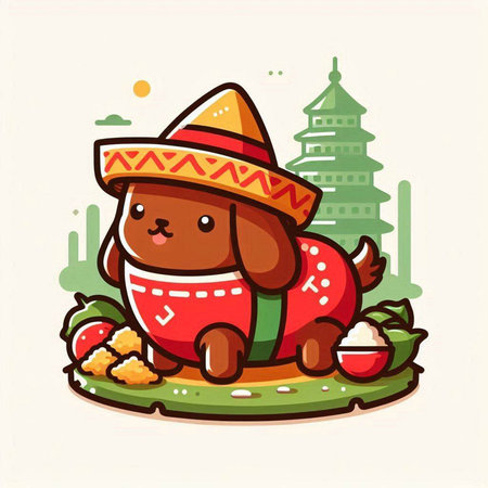 Cute dog wearing mexican sombrero. Vector illustration.のイラスト素材