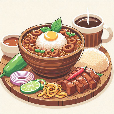 Illustration of a bowl of Japanese miso soup with rice, fried egg, onion, soy sauce and chiliのイラスト素材