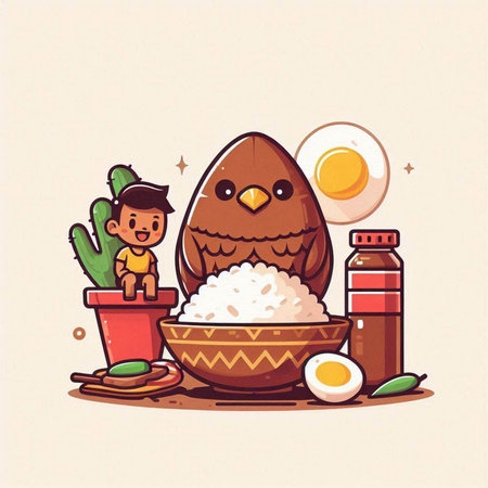 Illustration of a Cute Little Boy Wearing a Chicken Costume and Eating Riceのイラスト素材