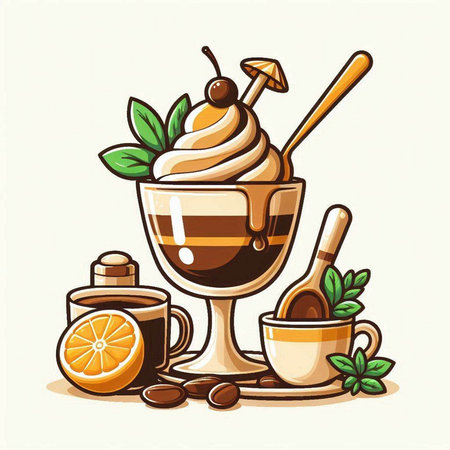 Coffee cup with whipped cream, cup of coffee, spoon, mint leaves, orange slice and cinnamon stick. Vector illustration.のイラスト素材