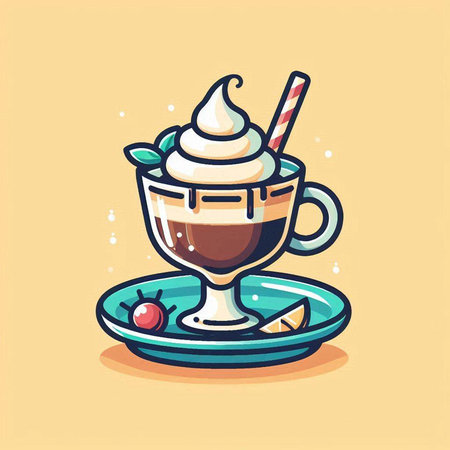 Coffee cup with whipped cream and cherry. Vector illustration.のイラスト素材