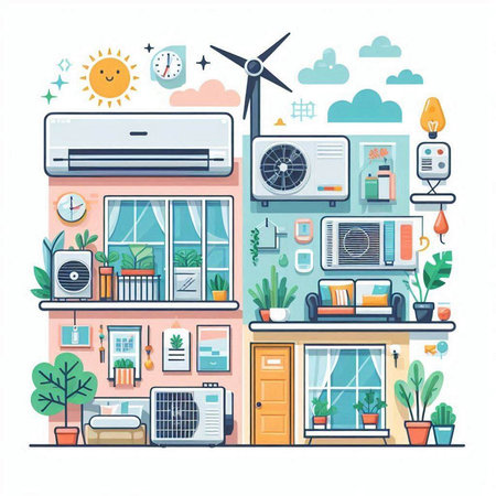 House with air conditioner and climate control system. Flat vector illustration.のイラスト素材