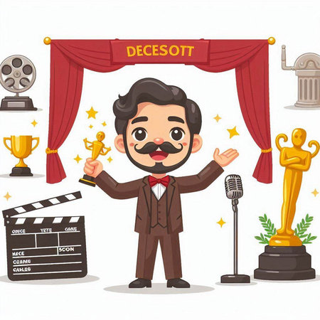 Dresstit movie director cartoon character with clapperboard and awardのイラスト素材