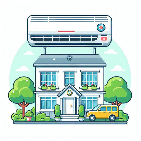 Air conditioner in front of the house. Flat style vector illustration.のイラスト素材
