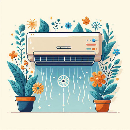 Air conditioner with flowers and plants. Flat style vector illustration.のイラスト素材