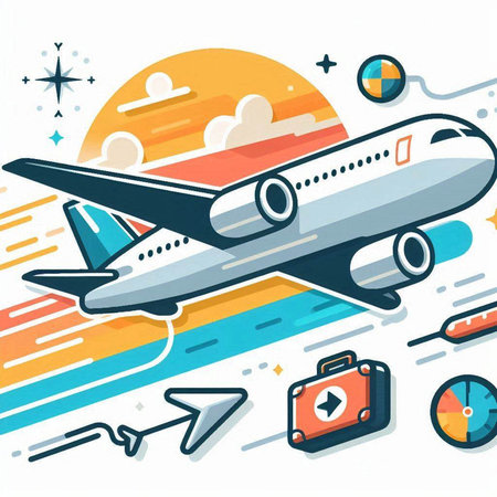 Vector illustration of modern flat line art design of airplane, travel and tourism concept.のイラスト素材