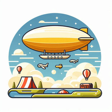 Airship in the sky. Colorful vector illustration in flat styleのイラスト素材