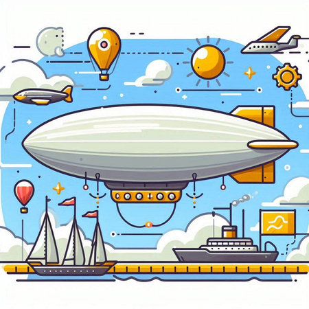 Vector illustration of airship in the sky with clouds and balloons.のイラスト素材