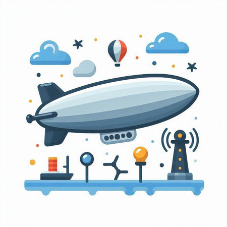 Airship in the sky. Air transport. Vector illustration in flat styleのイラスト素材