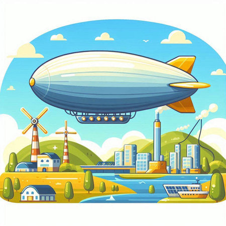 Vector illustration of airship in the city. Colorful cartoon style.のイラスト素材