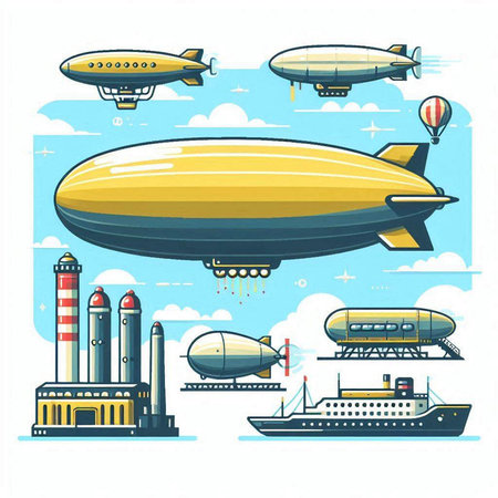 Airship and other air transport. Vector illustration in flat style.のイラスト素材