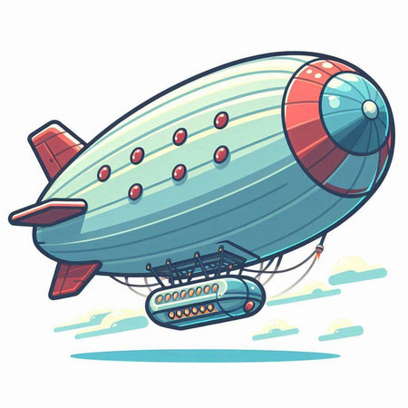 Cartoon airship flying in the sky. Colorful vector illustration.のイラスト素材