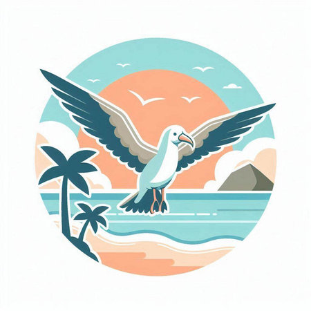 Vector illustration of seagull on the background of the sea and palm trees.のイラスト素材