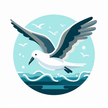 Seagull flying in the sea. Vector illustration in flat style.のイラスト素材