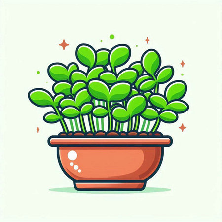 Illustration of green microgreens in a pot. Vector illustration.のイラスト素材