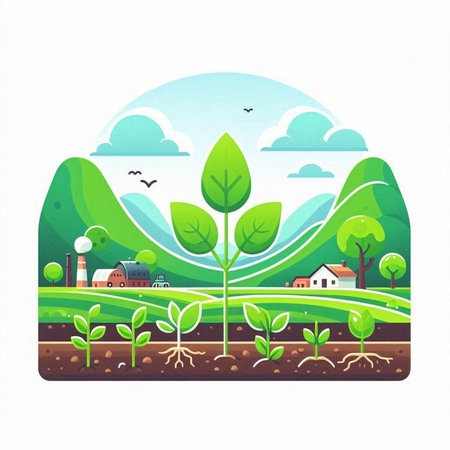 Vector illustration of a rural landscape with trees, fields and houses.のイラスト素材