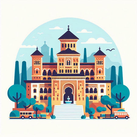 Indian temple in the middle of the city. Vector illustration in flat style.のイラスト素材