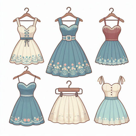 Set of vintage dresses. Hand drawn vector illustration on white background.のイラスト素材