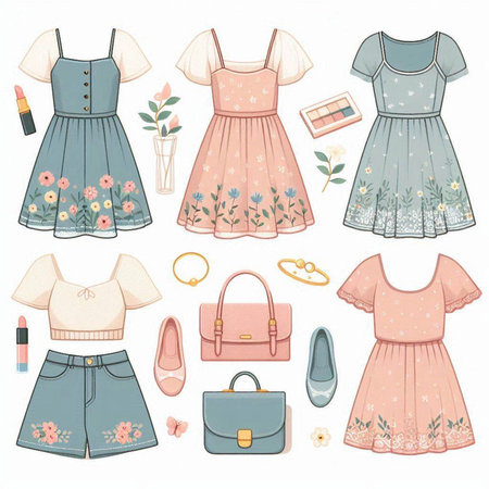 Set of cute hand drawn fashion clothes and accessories. Vector illustration.のイラスト素材