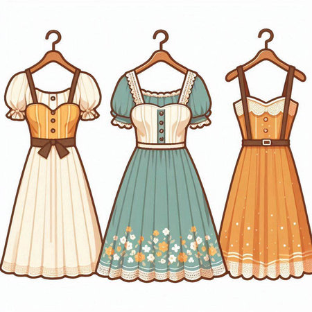 Illustration of three different types of dirndl on hangersのイラスト素材