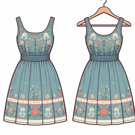 Dress with floral pattern on a hanger. Vector illustration.のイラスト素材