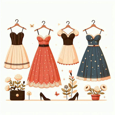 Fashionable women's dresses in retro style. Vector illustration.のイラスト素材